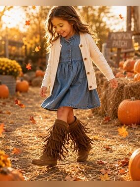 Yoki Kids Tall Fringe Moccasin Boots Brown Western Boho Girls Size 11
